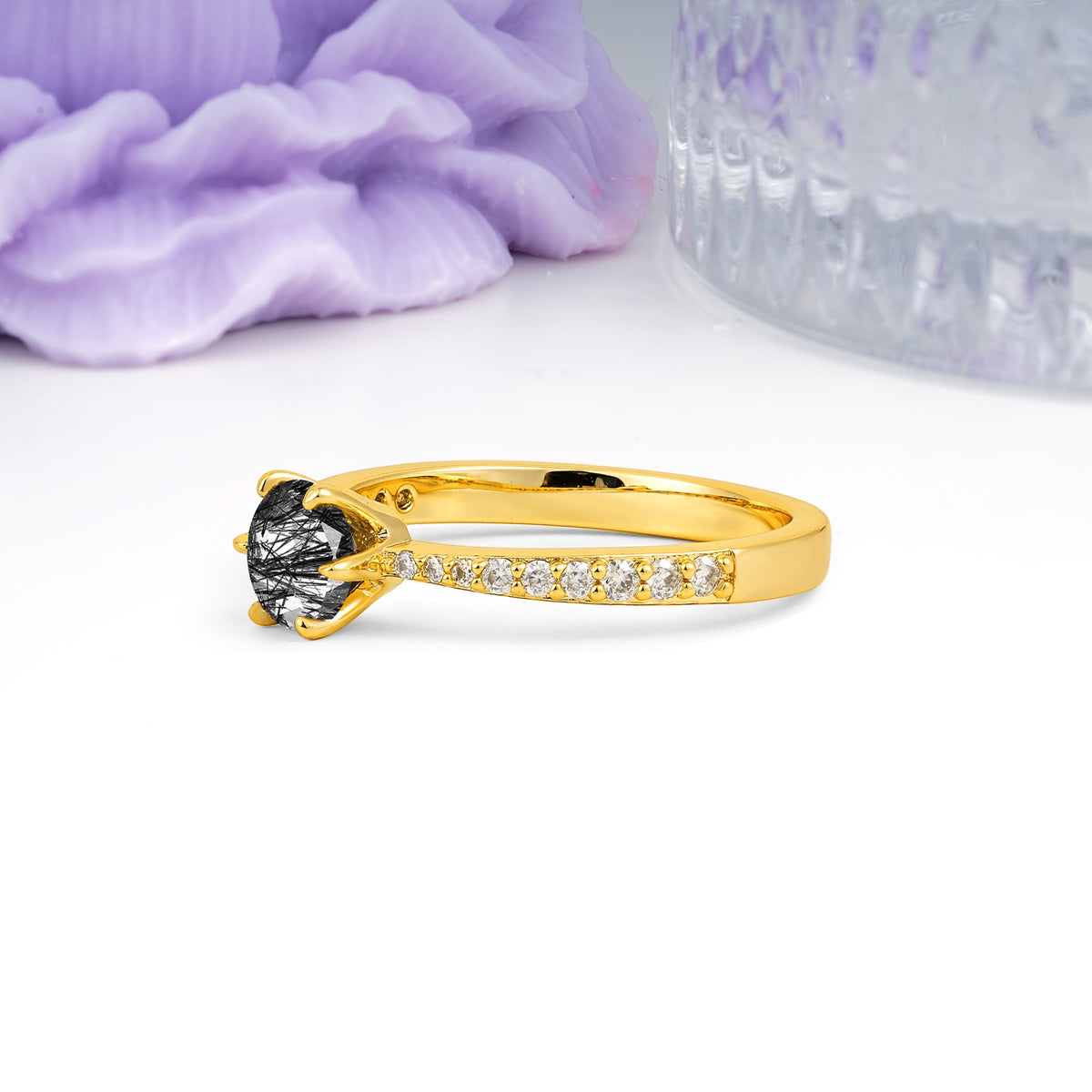 Minimalist Pavé-Set, Luxurious 6-Prong Round Cut Black Rutilated Quartz Engagement Ring - Additional view