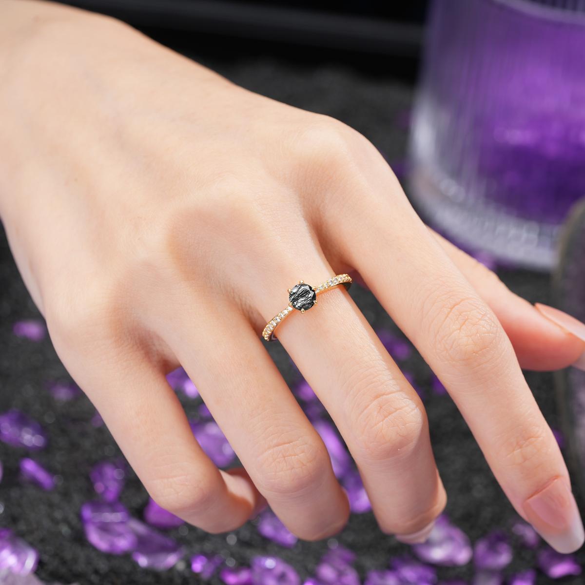 Minimalist Pavé-Set, Luxurious 6-Prong Round Cut Black Rutilated Quartz Engagement Ring