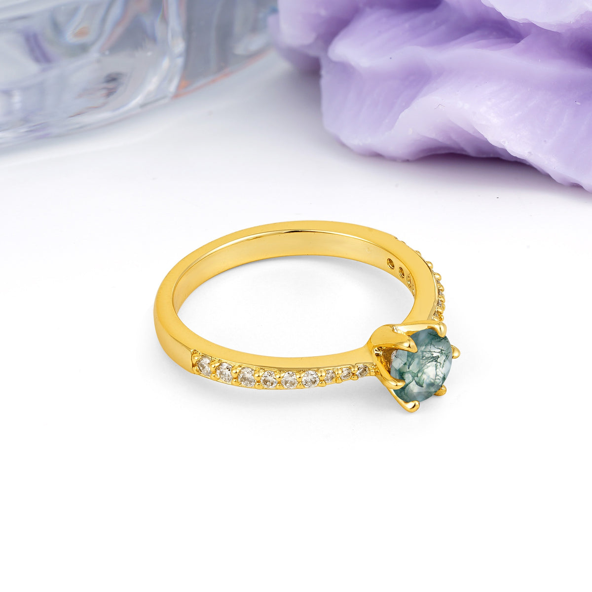 Minimalist Pavé-Set, Luxurious 6-Prong Round Cut Moss Agate Engagement Ring - Additional view