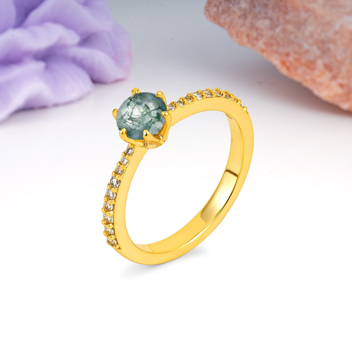 Minimalist Pavé-Set, Luxurious 6-Prong Round Cut Moss Agate Engagement Ring - Additional view