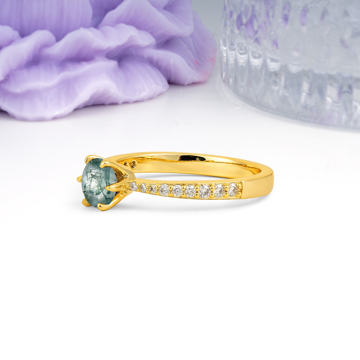 Minimalist Pavé-Set, Luxurious 6-Prong Round Cut Moss Agate Engagement Ring - Additional view