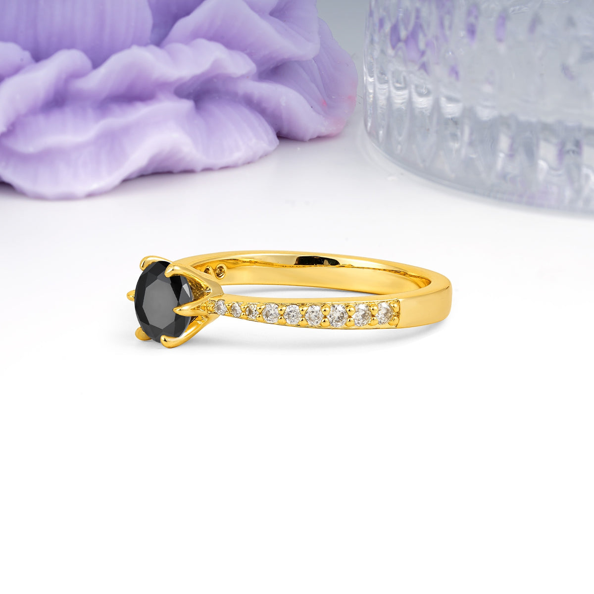 Minimalist Pavé-Set, Luxurious 6-Prong Round Cut Black Onyx Engagement Ring - Additional view