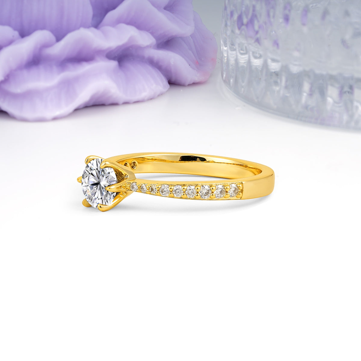 Minimalist Pavé-Set, Luxurious 6-Prong Round Cut Lab Diamond Engagement Ring - Additional view