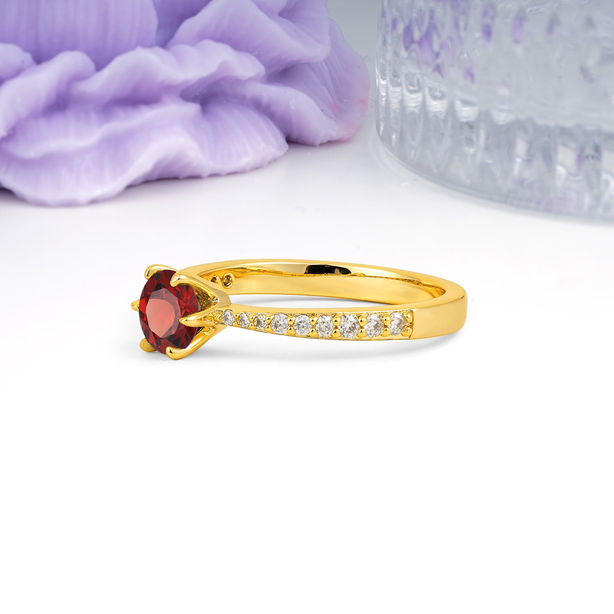 Minimalist Pavé-Set, Luxurious 6-Prong Round Cut Garnet Engagement Ring - Additional view