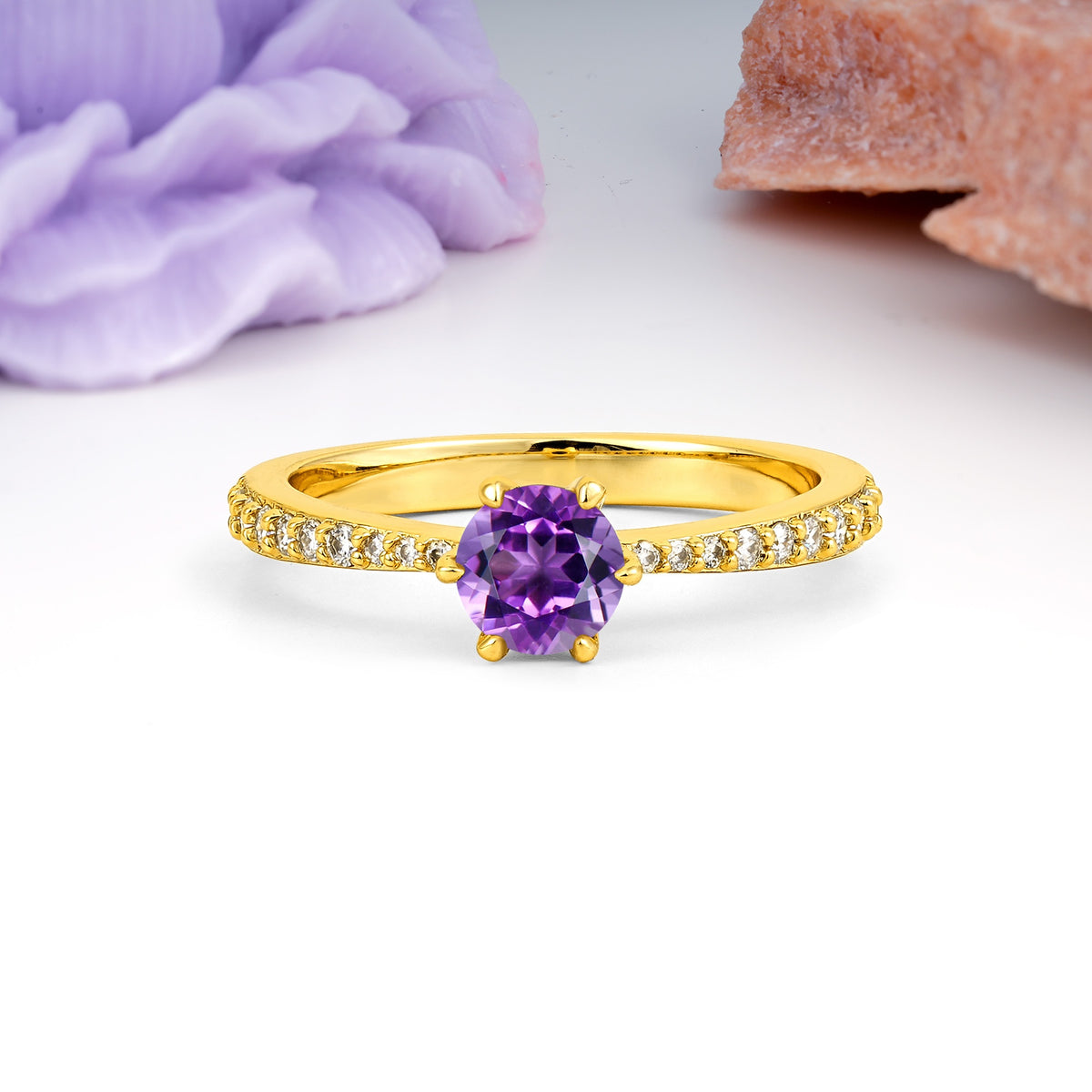 Minimalist Pavé-Set, Luxurious 6-Prong Round Cut Amethyst Engagement Ring - Additional view