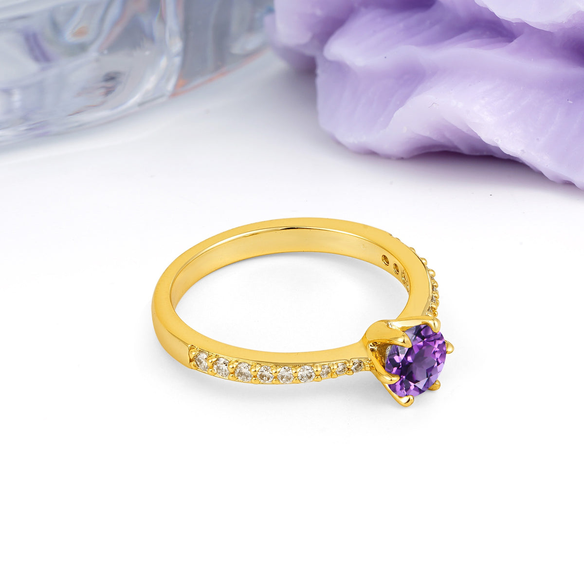 Minimalist Pavé-Set, Luxurious 6-Prong Round Cut Amethyst Engagement Ring - Additional view