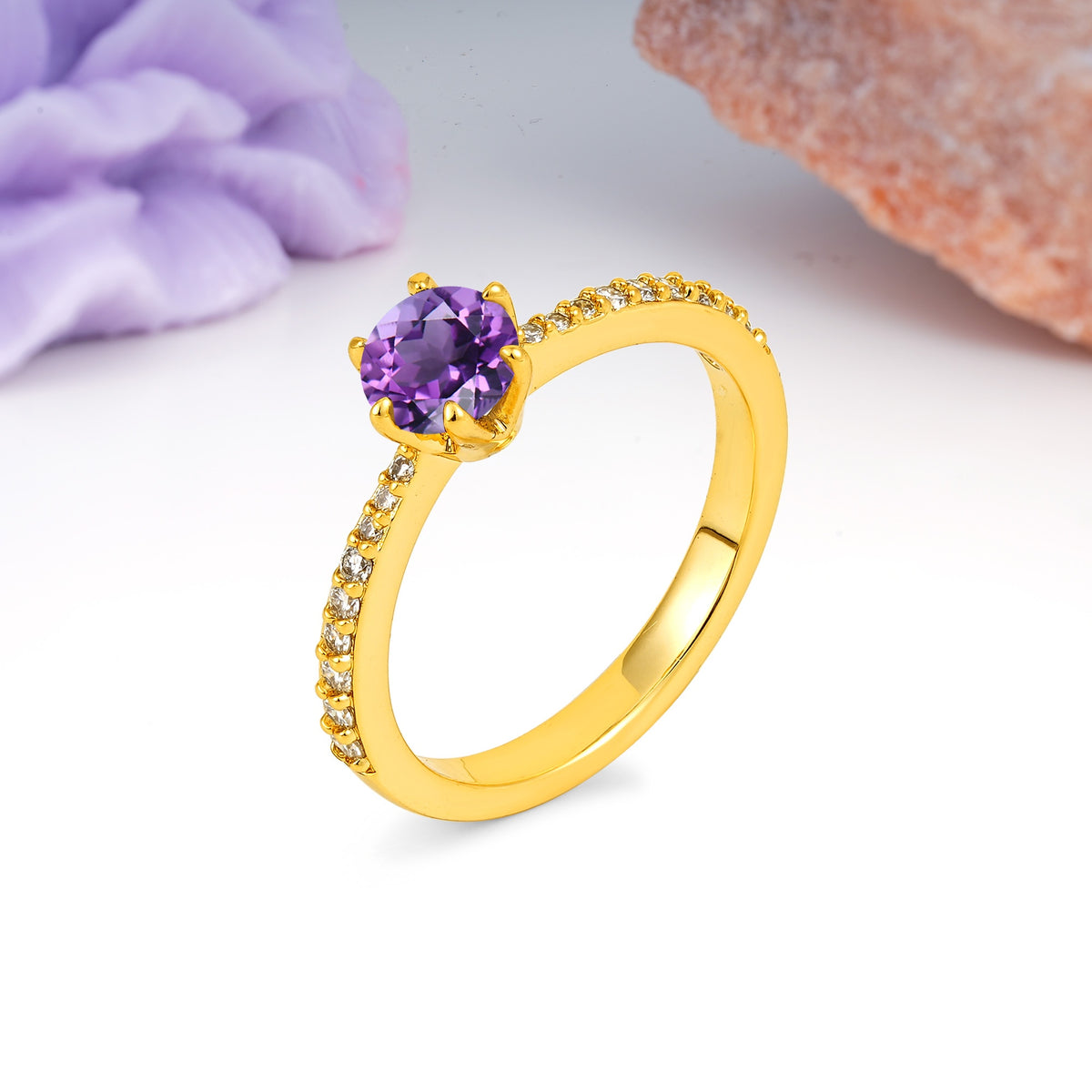 Minimalist Pavé-Set, Luxurious 6-Prong Round Cut Amethyst Engagement Ring - Additional view