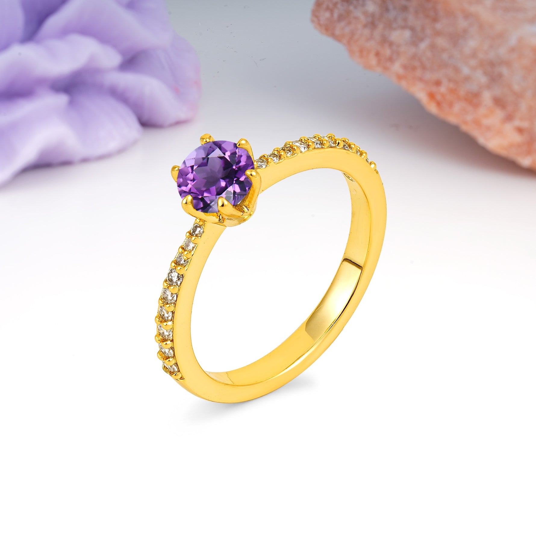Minimalist Pavé-Set, Luxurious 6-Prong Round Cut Amethyst Engagement Ring - Additional view