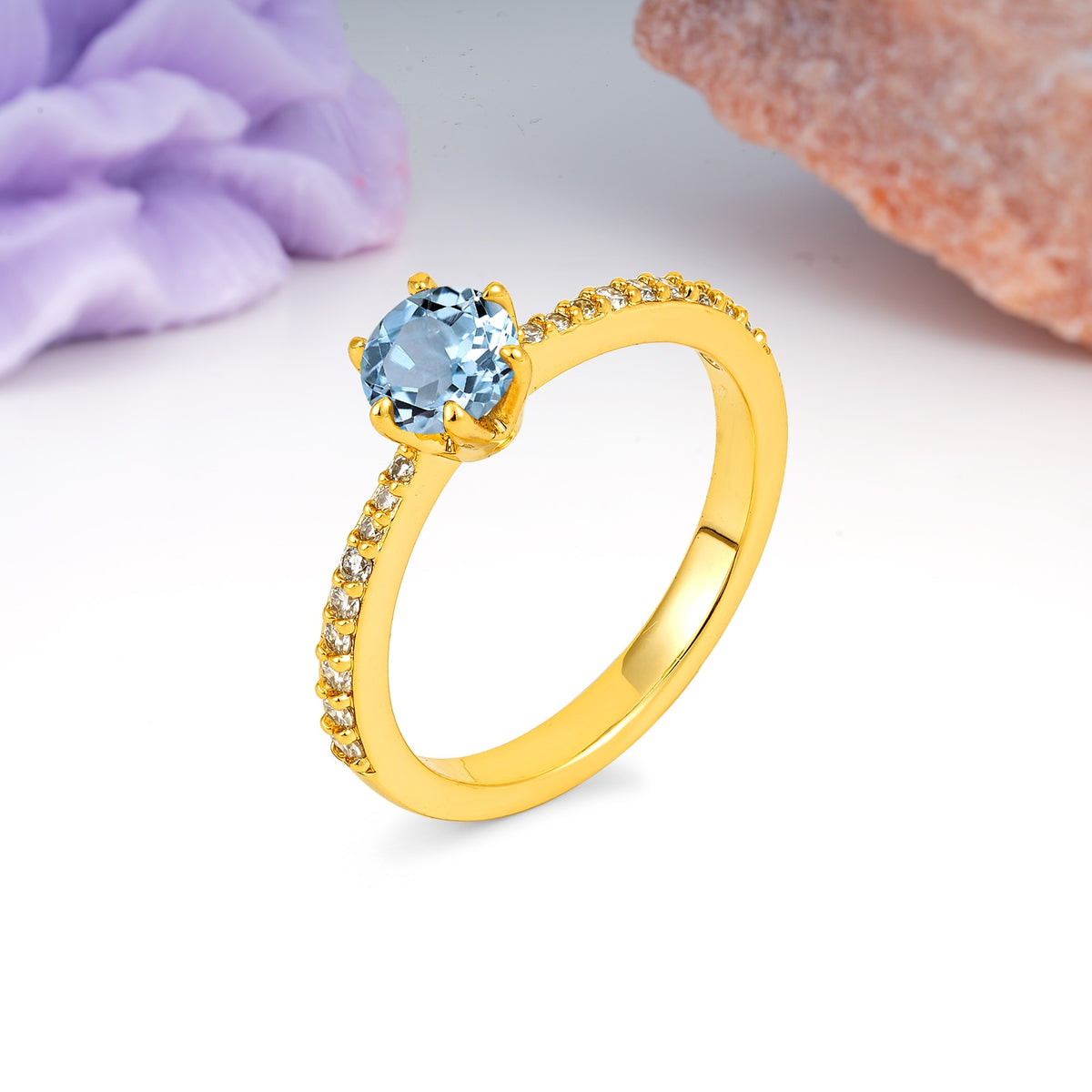 Minimalist Pavé-Set, Luxurious 6-Prong Round Cut Aquamarine Engagement Ring - Additional view