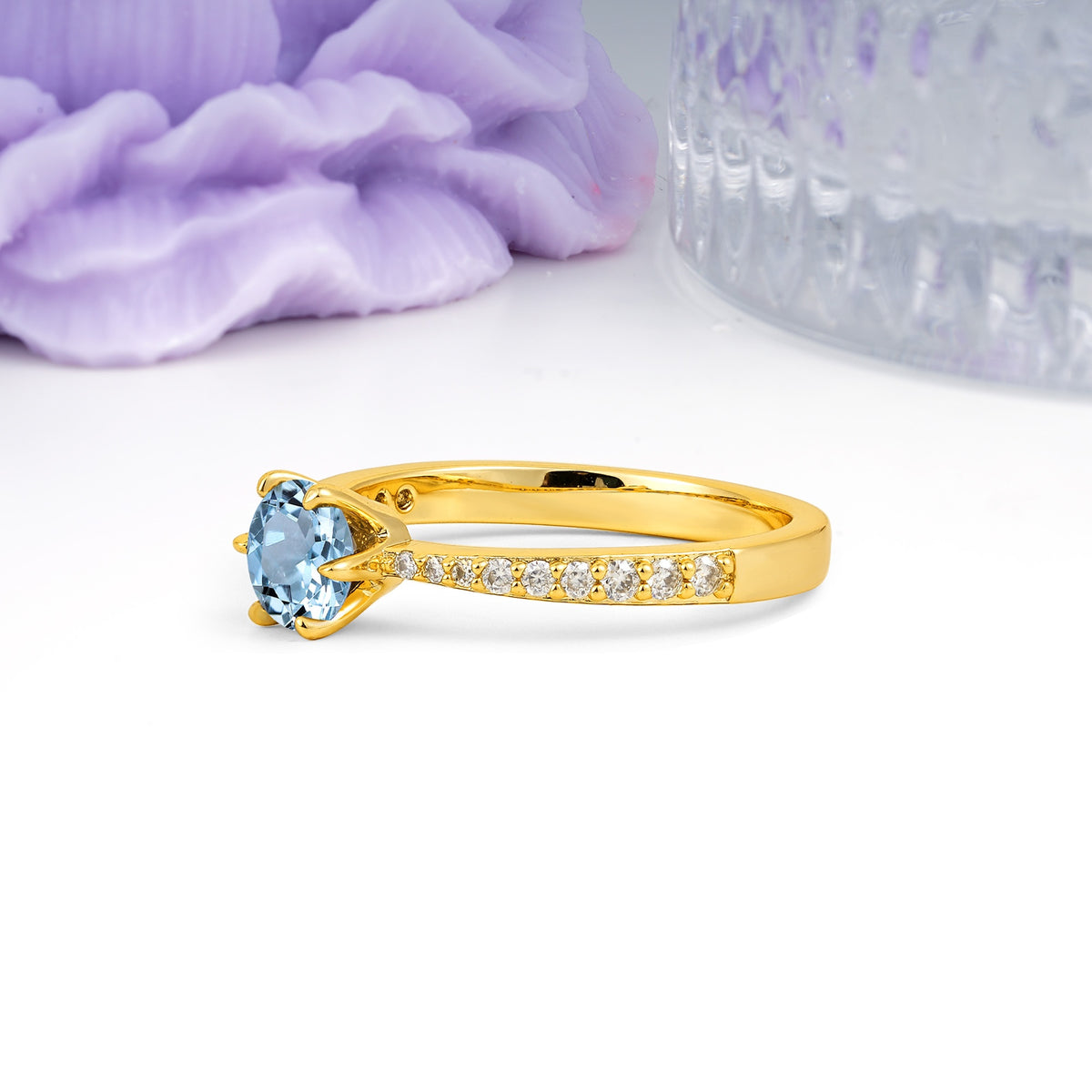 Minimalist Pavé-Set, Luxurious 6-Prong Round Cut Aquamarine Engagement Ring - Additional view