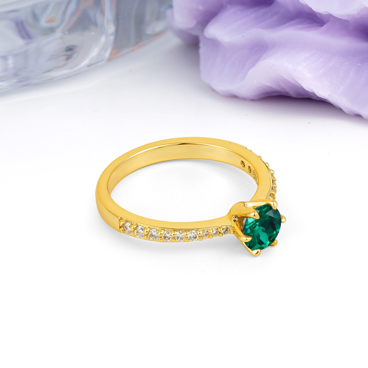 Minimalist Pavé-Set, Luxurious 6-Prong Round Cut Emerald Engagement Ring - Additional view