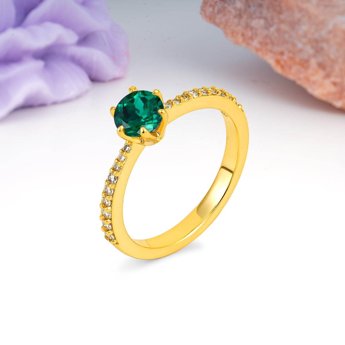 Minimalist Pavé-Set, Luxurious 6-Prong Round Cut Emerald Engagement Ring - Additional view