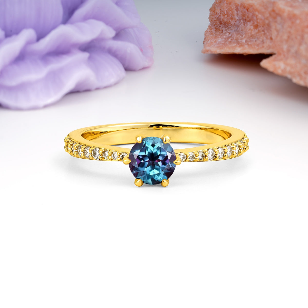 Minimalist Pavé-Set, Luxurious 6-Prong Round Cut Alexandrite Engagement Ring - Additional view