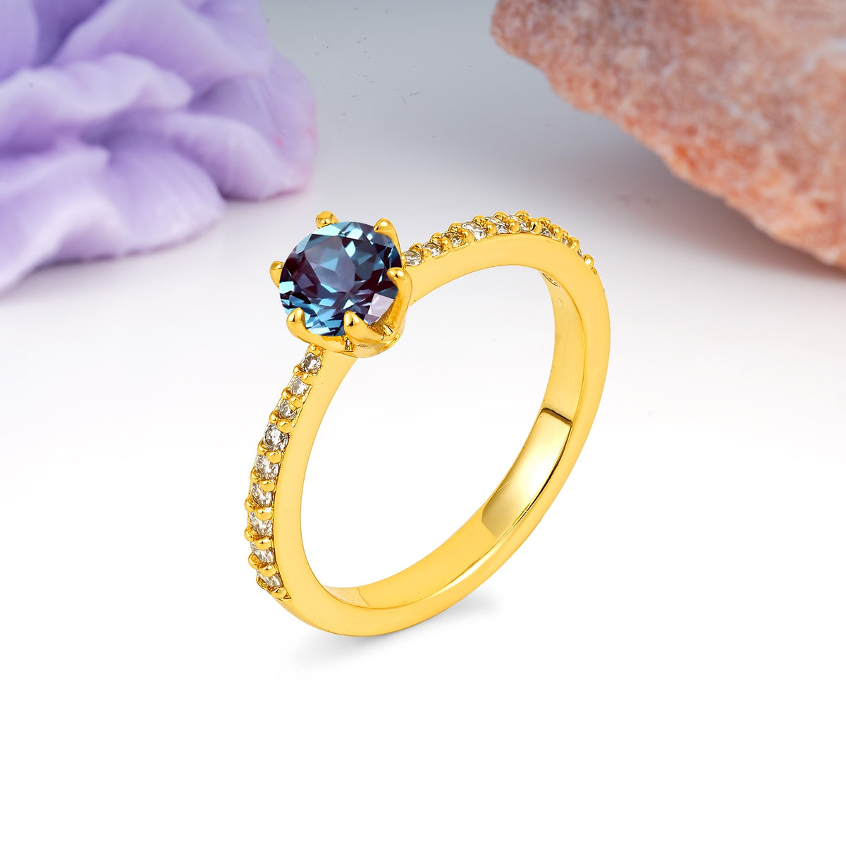 Minimalist Pavé-Set, Luxurious 6-Prong Round Cut Alexandrite Engagement Ring - Additional view