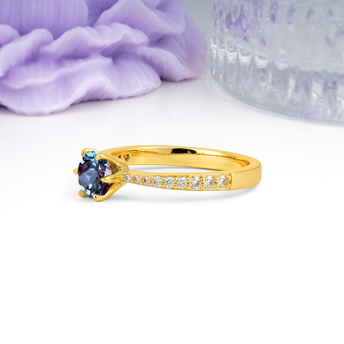 Minimalist Pavé-Set, Luxurious 6-Prong Round Cut Alexandrite Engagement Ring - Additional view