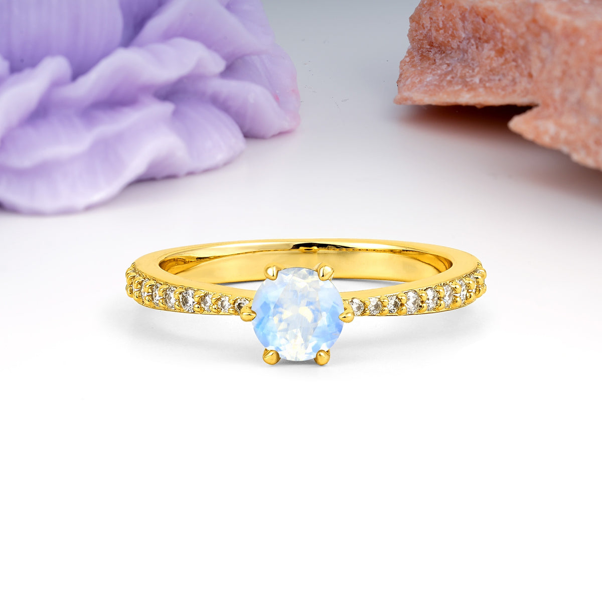 Minimalist Pavé-Set, Luxurious 6-Prong Round Cut Moonstone Engagement Ring - Additional view