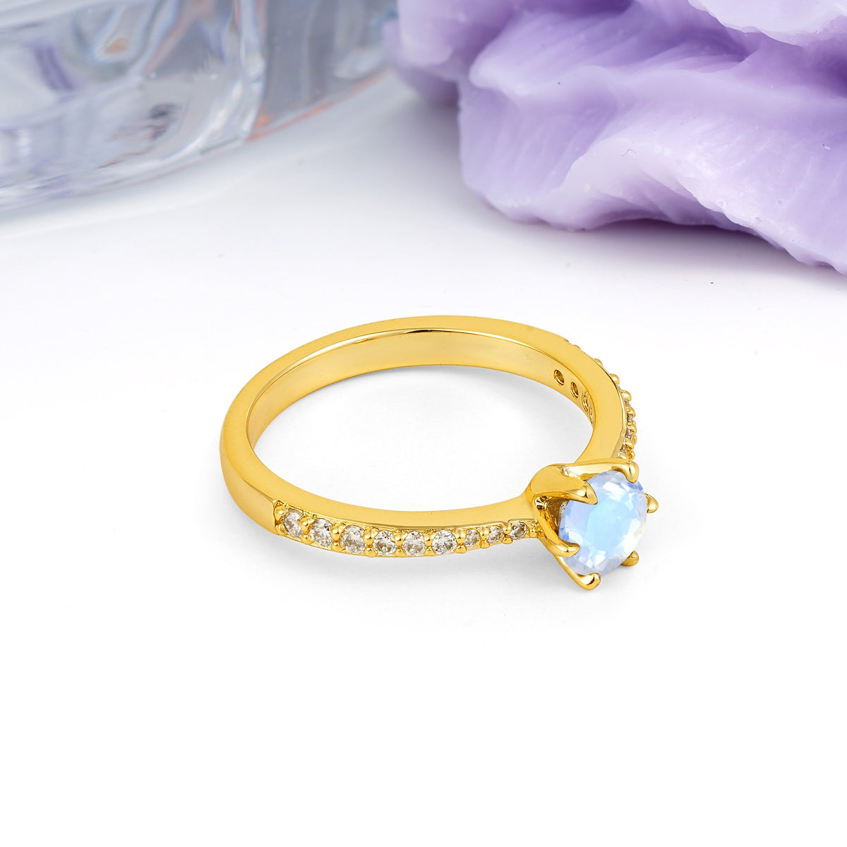 Minimalist Pavé-Set, Luxurious 6-Prong Round Cut Moonstone Engagement Ring - Additional view