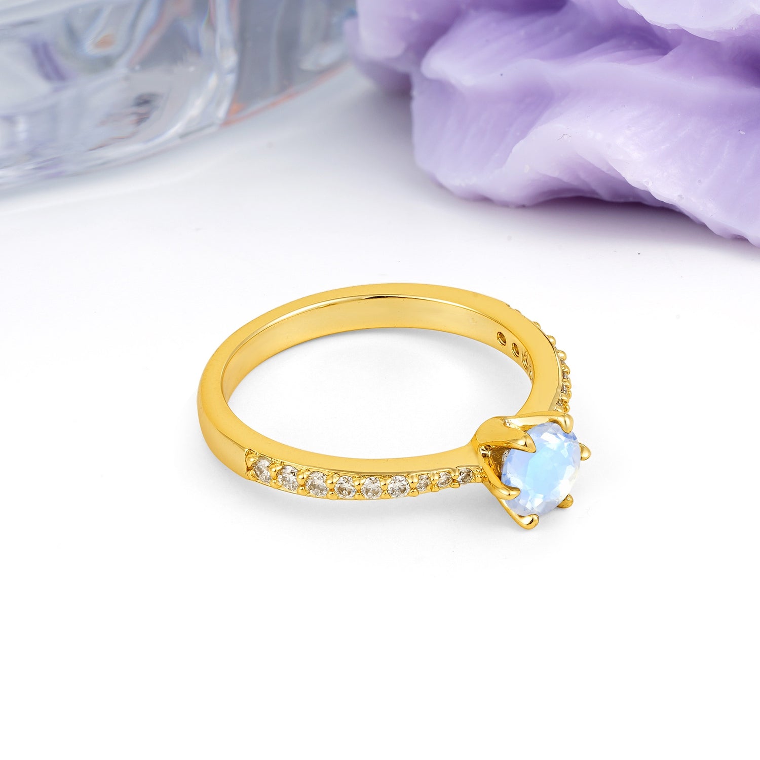 Minimalist Pavé-Set, Luxurious 6-Prong Round Cut Moonstone Engagement Ring - Additional view