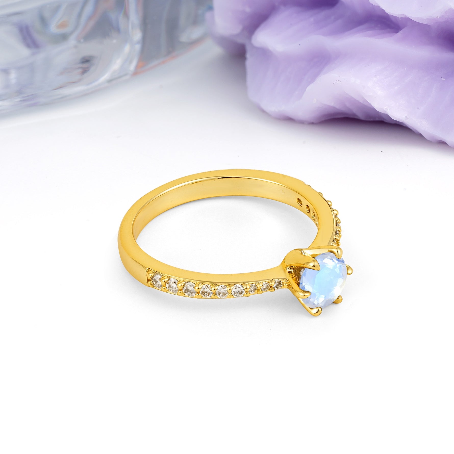 Minimalist Pavé-Set, Luxurious 6-Prong Round Cut Moonstone Engagement Ring - Additional view