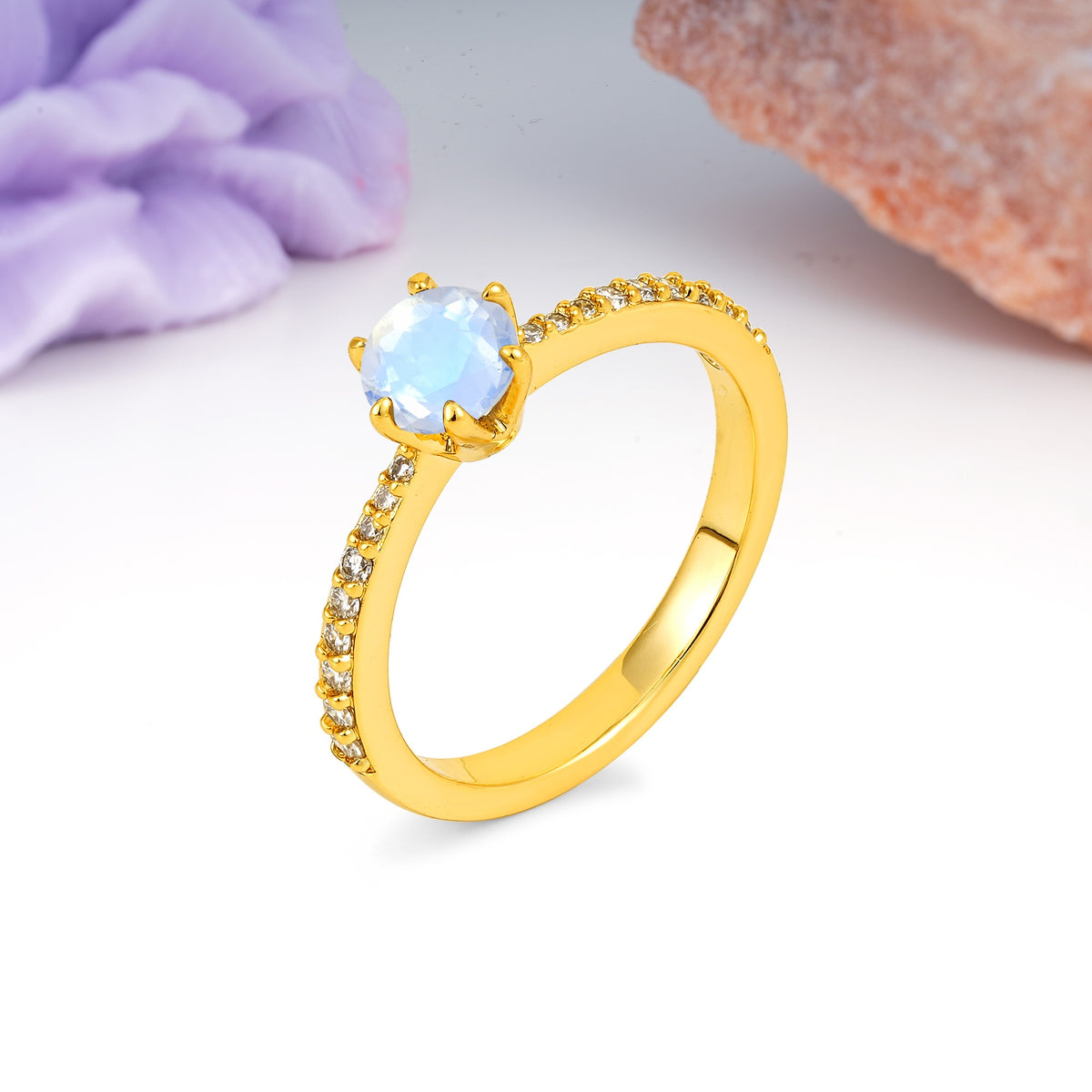 Minimalist Pavé-Set, Luxurious 6-Prong Round Cut Moonstone Engagement Ring - Additional view