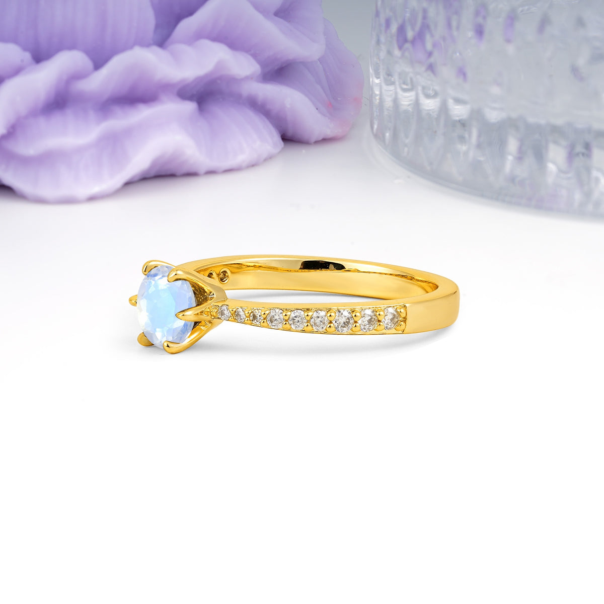 Minimalist Pavé-Set, Luxurious 6-Prong Round Cut Moonstone Engagement Ring - Additional view