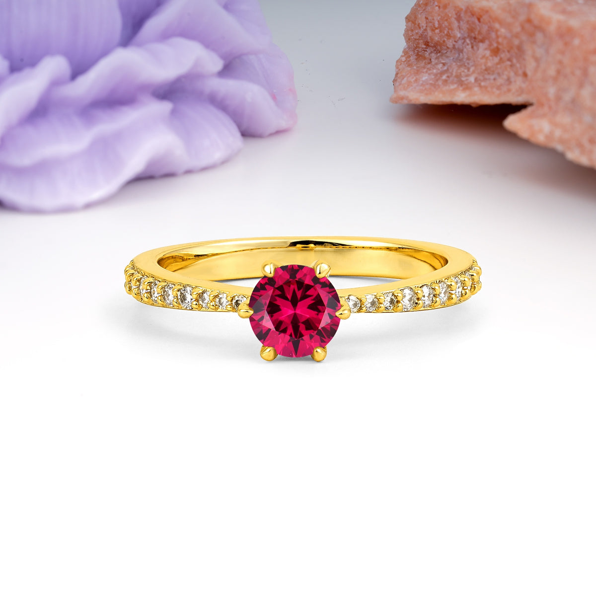 Minimalist Pavé-Set, Luxurious 6-Prong Round Cut Ruby Engagement Ring - Additional view