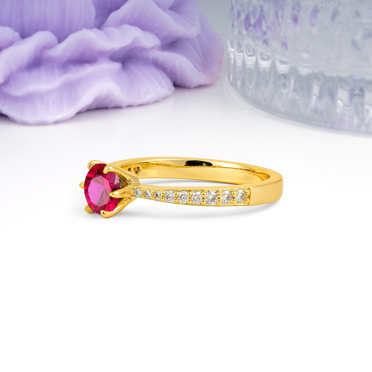 Minimalist Pavé-Set, Luxurious 6-Prong Round Cut Ruby Engagement Ring - Additional view