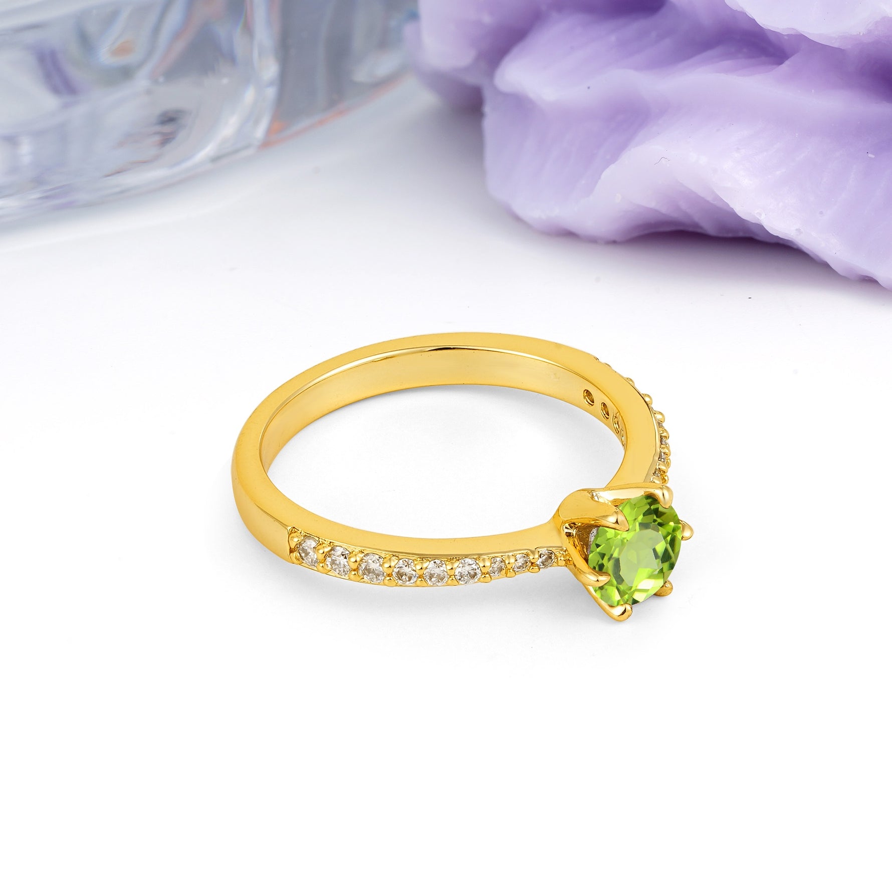 Minimalist Pavé-Set, Luxurious 6-Prong Round Cut Peridot Engagement Ring - Additional view