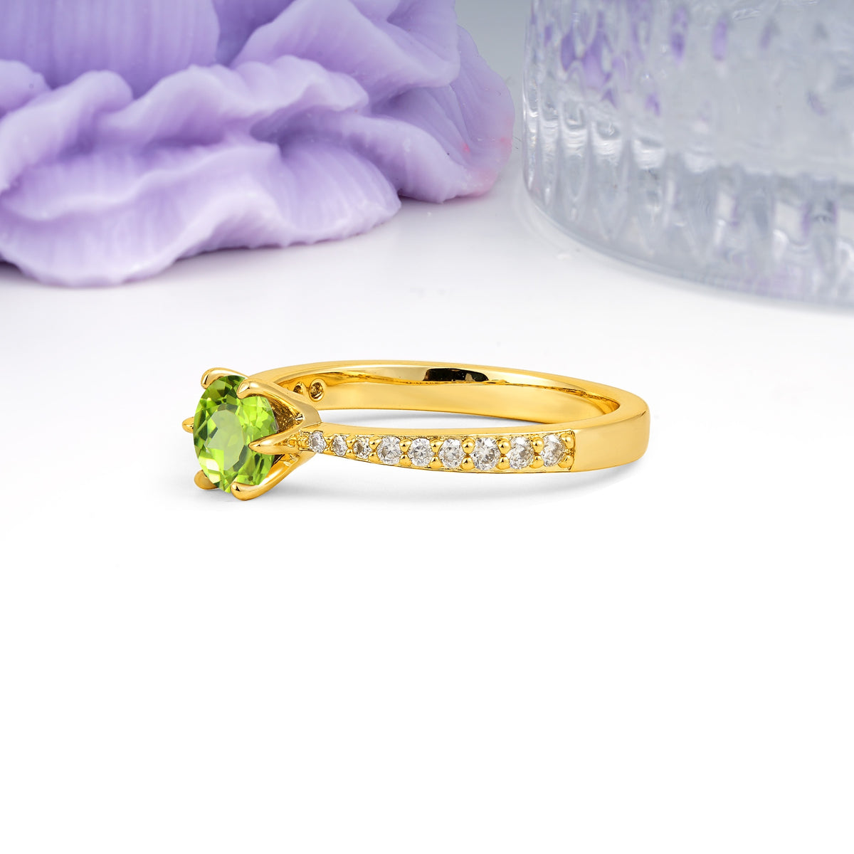Minimalist Pavé-Set, Luxurious 6-Prong Round Cut Peridot Engagement Ring - Additional view