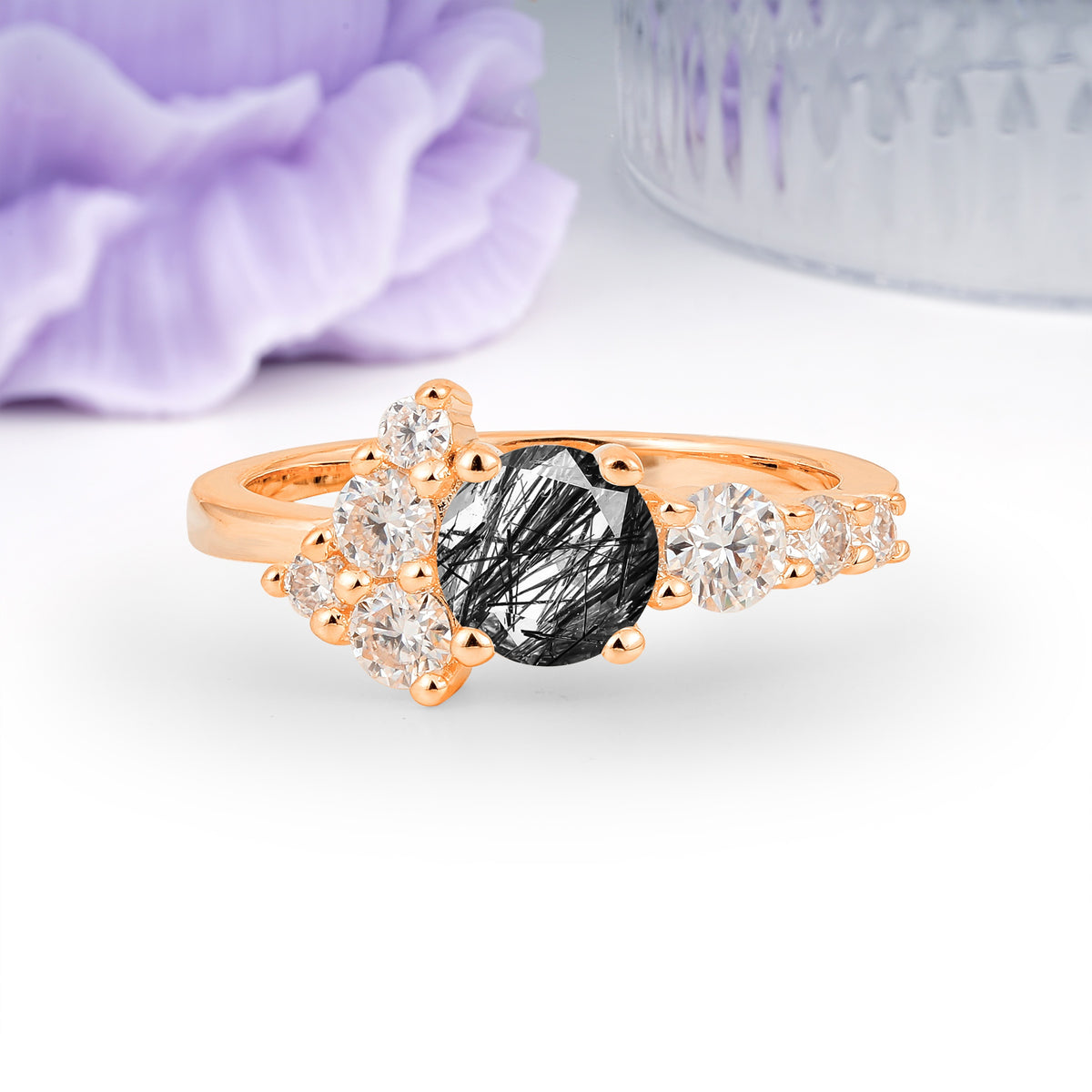 Unique and Luxurious 4-Prong Round Cut Black Rutilated Quartz Engagement Ring - Additional view