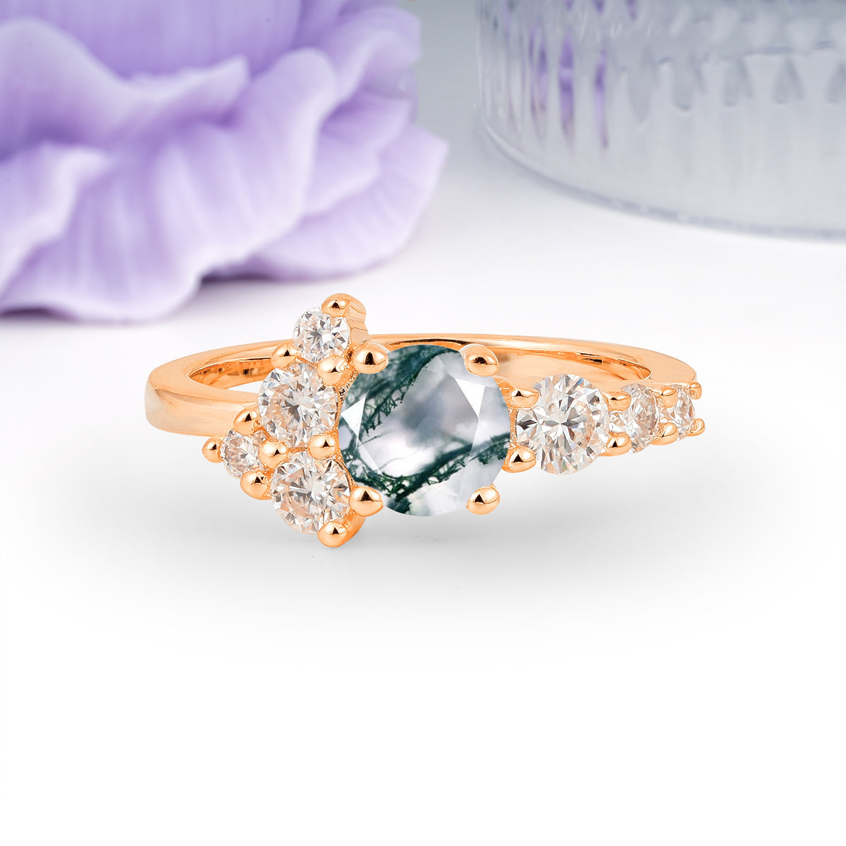 Unique and Luxurious 4-Prong Round Cut Moss Agate Engagement Ring - Additional view