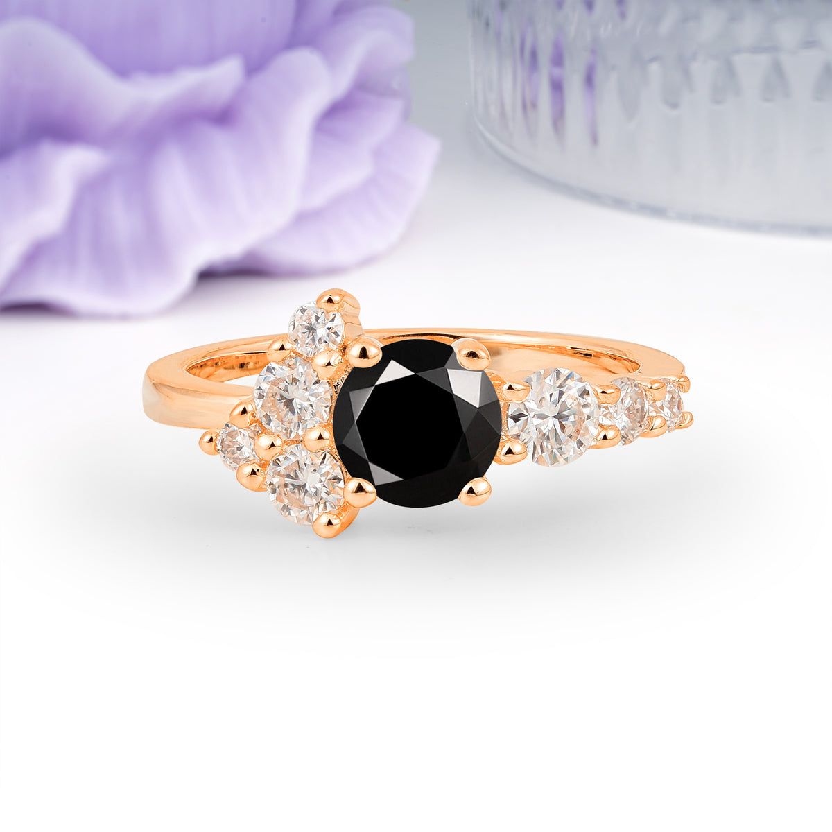 Unique and Luxurious 4-Prong Round Cut Black Onyx Engagement Ring - Additional view