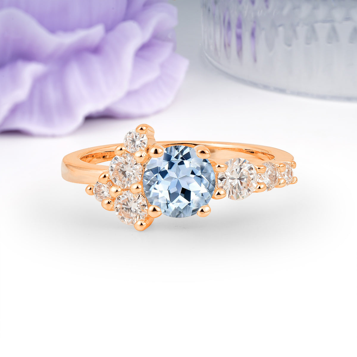 Unique and Luxurious 4-Prong Round Cut Aquamarine Engagement Ring - Additional view