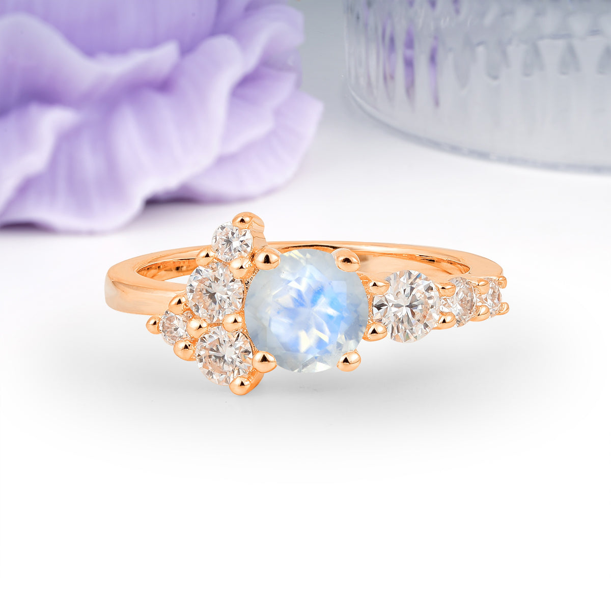 Unique and Luxurious 4-Prong Round Cut Moonstone Engagement Ring - Additional view