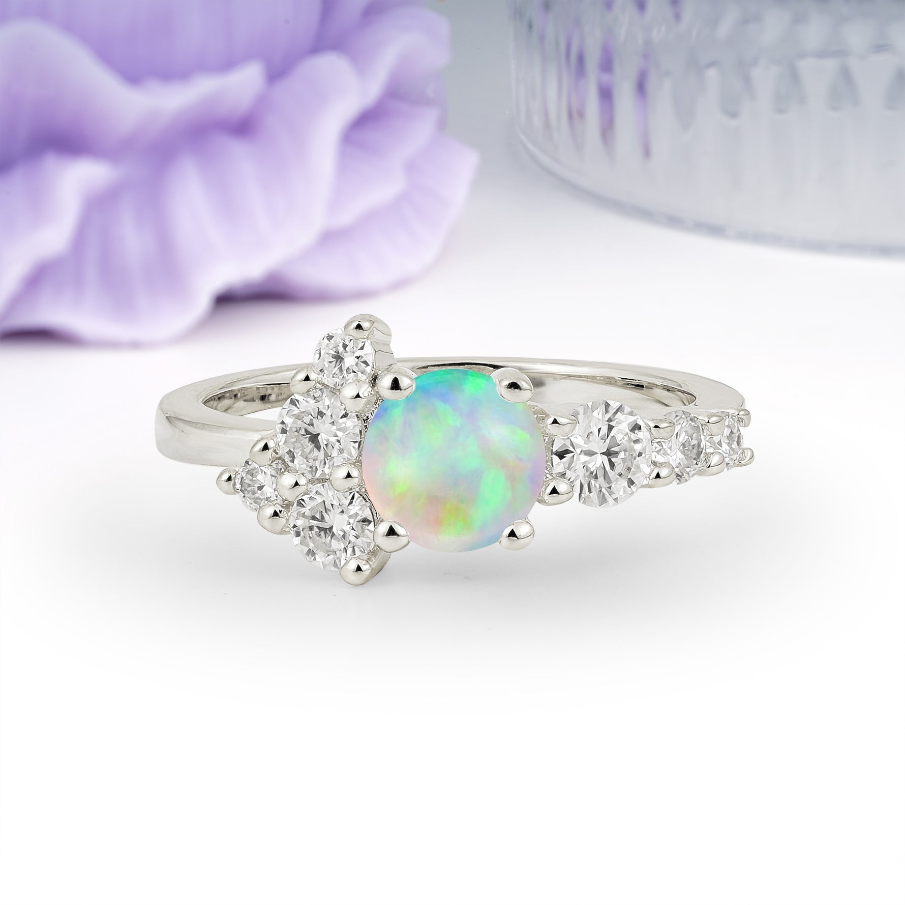Unique and Luxurious 4-Prong Round Cut Fire Opal Engagement Ring - Additional view
