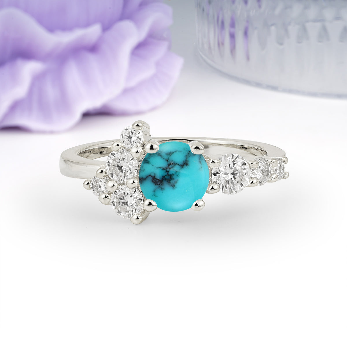 Unique and Luxurious 4-Prong Round Cut Turquoise Engagement Ring - Additional view