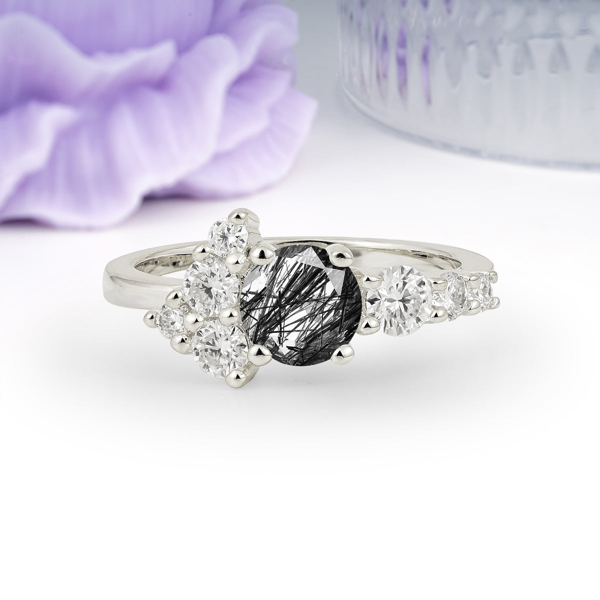 Unique and Luxurious 4-Prong Round Cut Black Rutilated Quartz Engagement Ring - Additional view