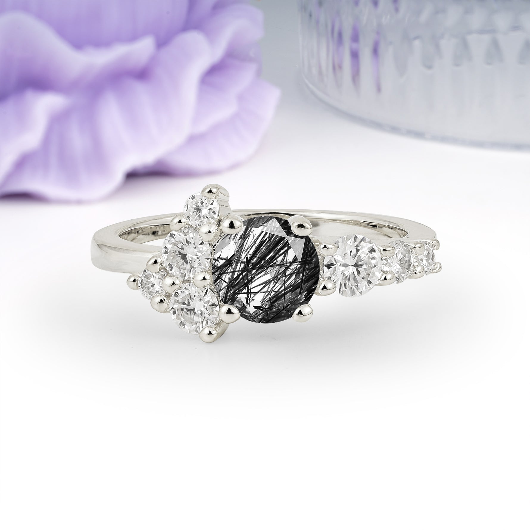 Unique and Luxurious 4-Prong Round Cut Black Rutilated Quartz Engagement Ring - Additional view