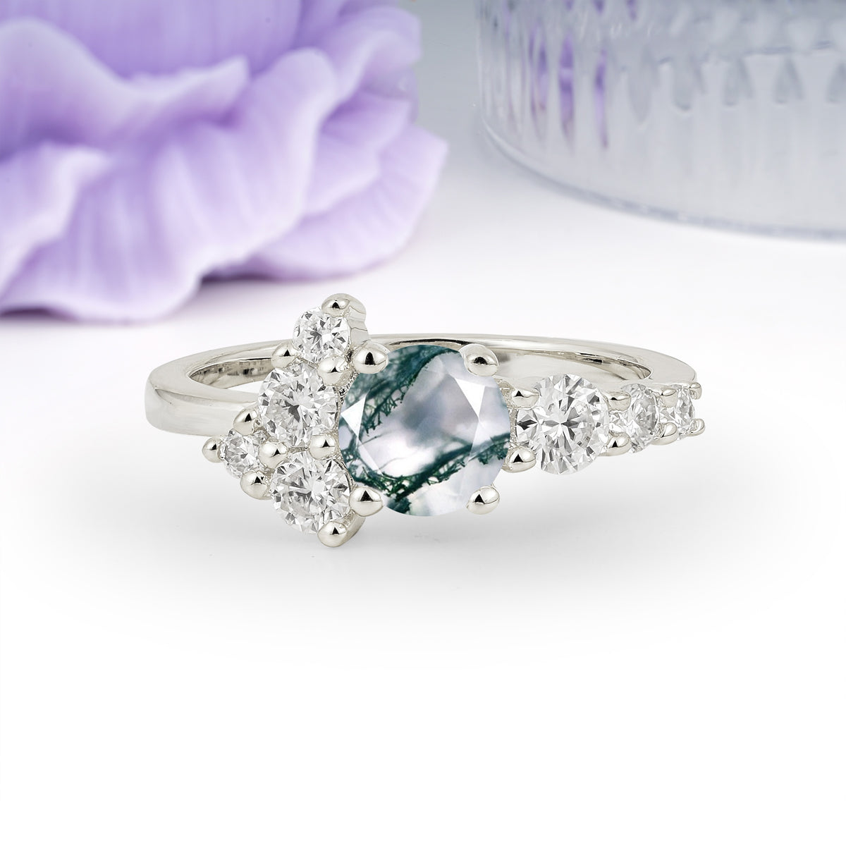 Unique and Luxurious 4-Prong Round Cut Moss Agate Engagement Ring - Additional view
