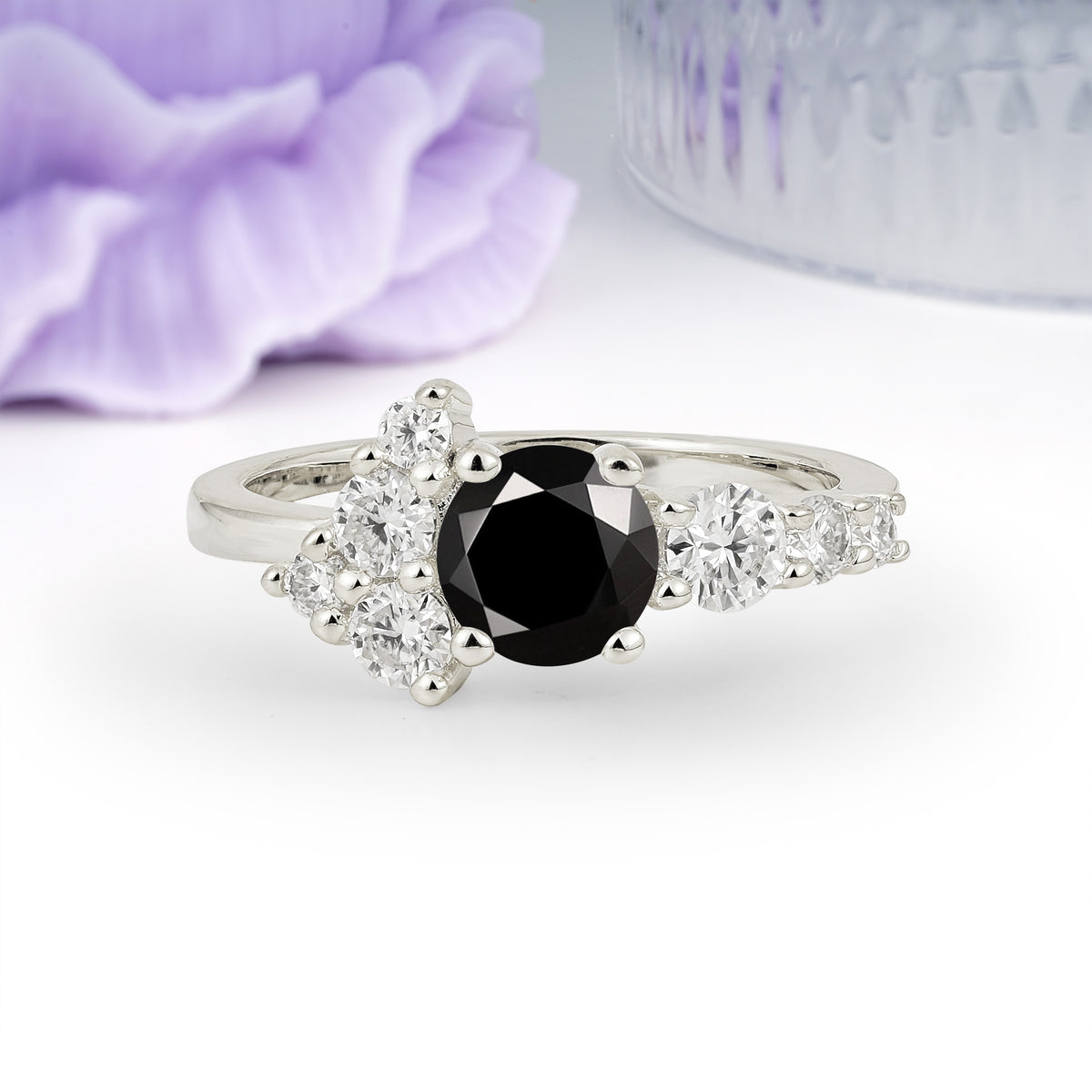 Unique and Luxurious 4-Prong Round Cut Black Onyx Engagement Ring - Additional view