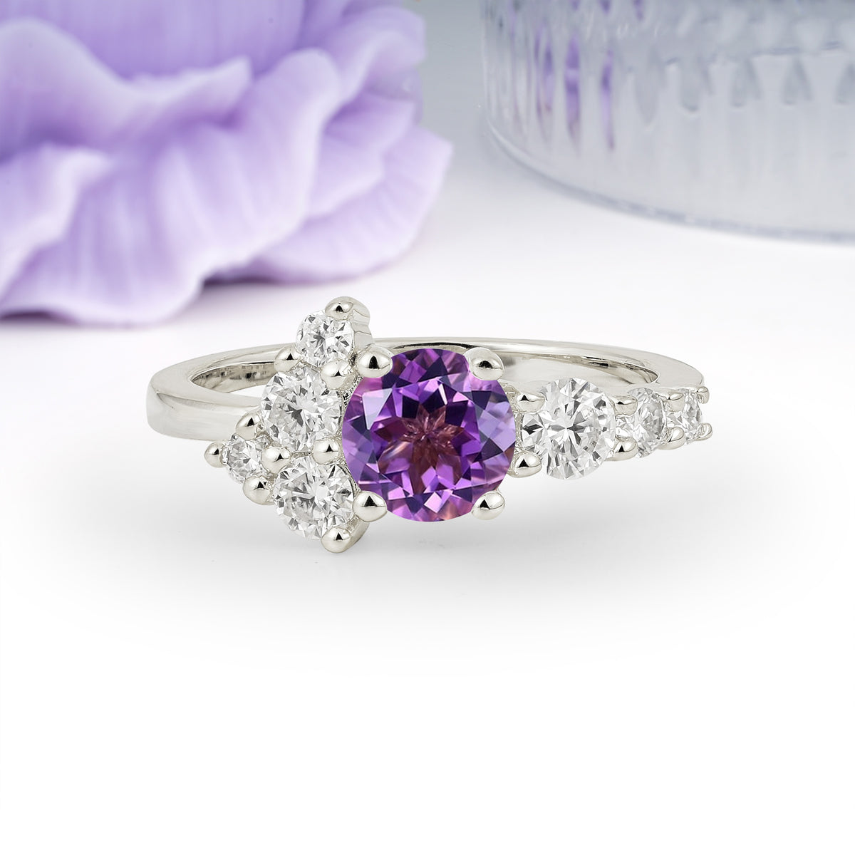 Unique and Luxurious 4-Prong Round Cut Amethyst Engagement Ring - Additional view
