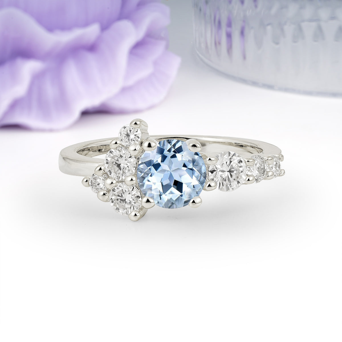 Unique and Luxurious 4-Prong Round Cut Aquamarine Engagement Ring - Additional view