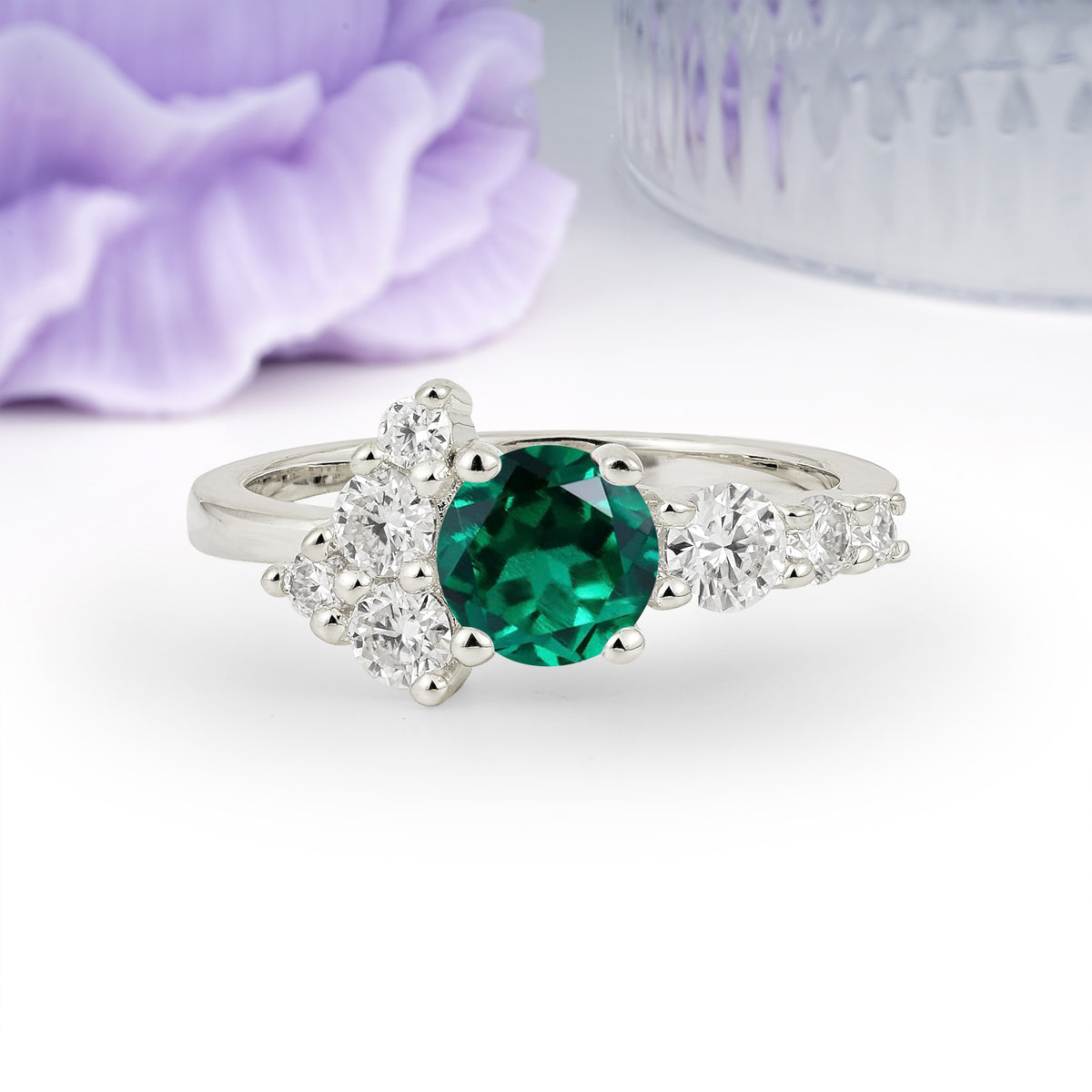 Unique and Luxurious 4-Prong Round Cut Emerald Engagement Ring - Additional view