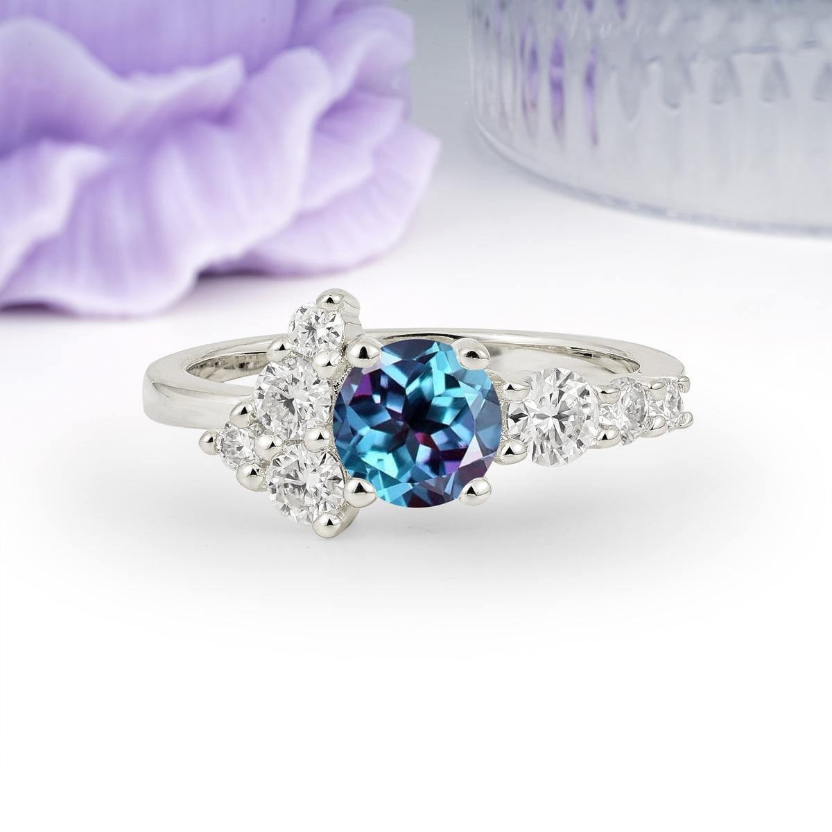 Unique and Luxurious 4-Prong Round Cut Alexandrite Engagement Ring - Additional view