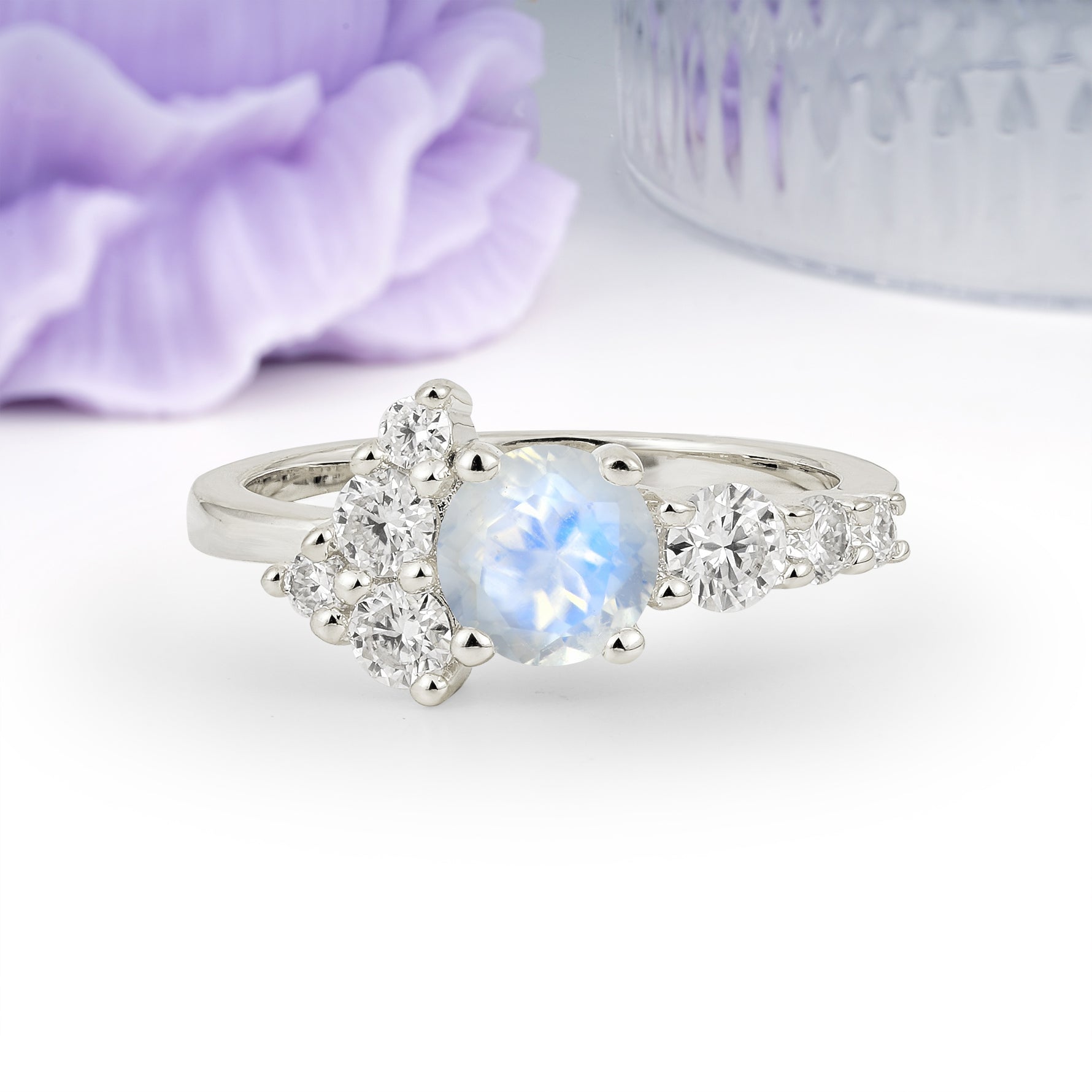 Unique and Luxurious 4-Prong Round Cut Moonstone Engagement Ring - Additional view