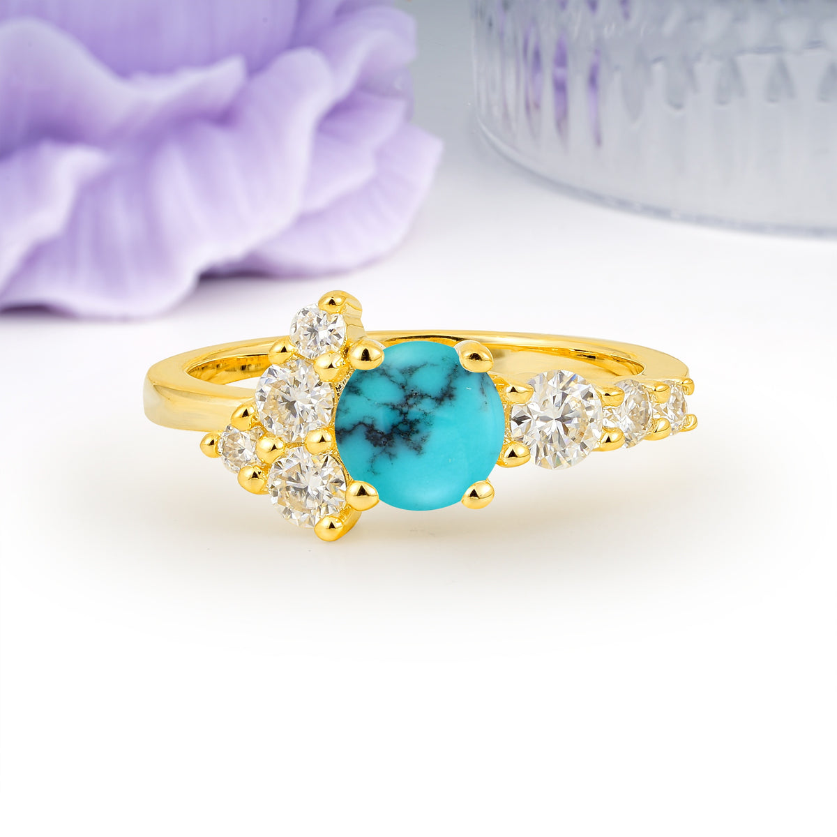 Unique and Luxurious 4-Prong Round Cut Turquoise Engagement Ring - Additional view