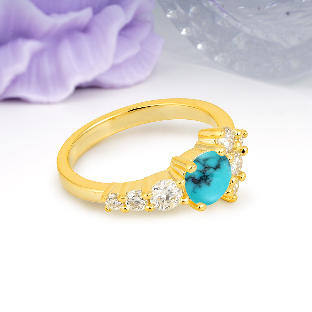 Unique and Luxurious 4-Prong Round Cut Turquoise Engagement Ring - Additional view