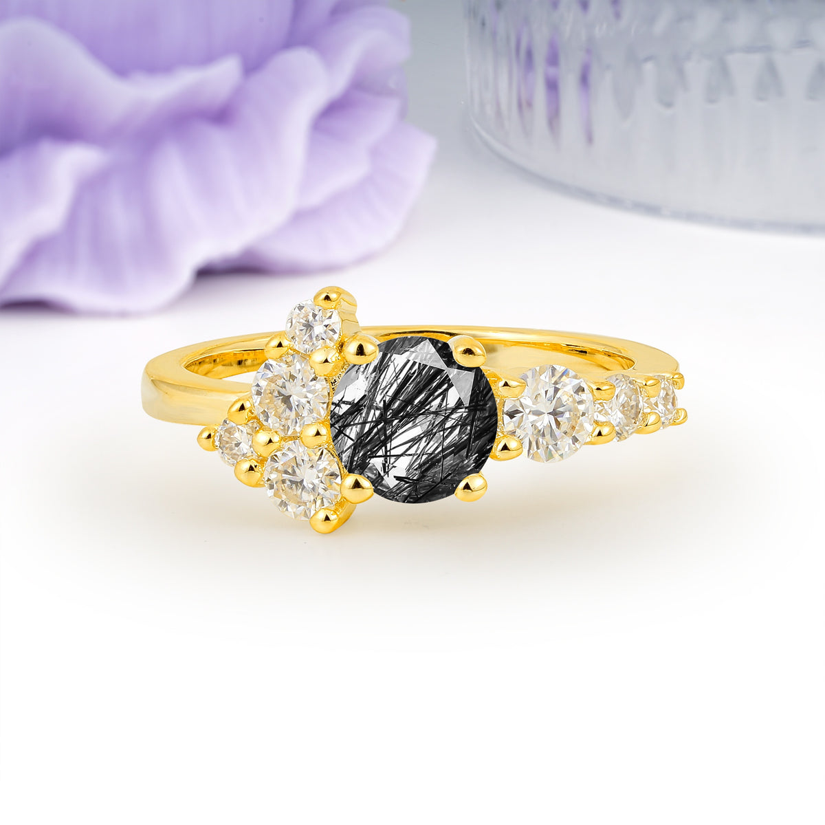 Unique and Luxurious 4-Prong Round Cut Black Rutilated Quartz Engagement Ring - Additional view
