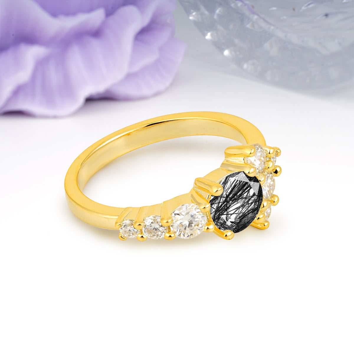 Unique and Luxurious 4-Prong Round Cut Black Rutilated Quartz Engagement Ring - Additional view