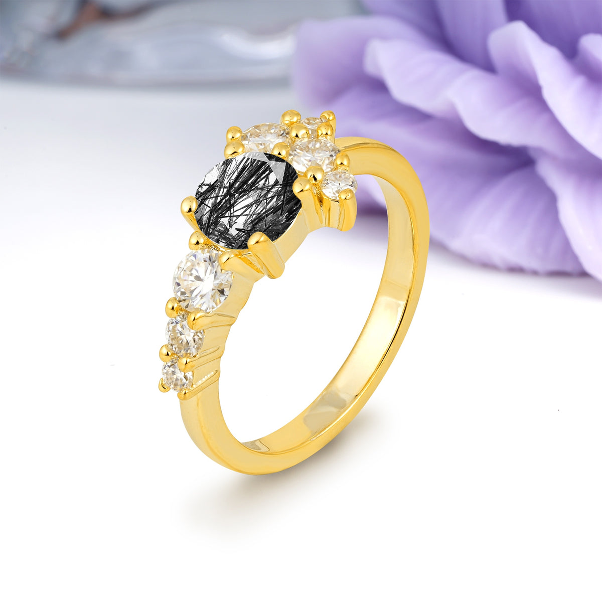 Unique and Luxurious 4-Prong Round Cut Black Rutilated Quartz Engagement Ring - Additional view